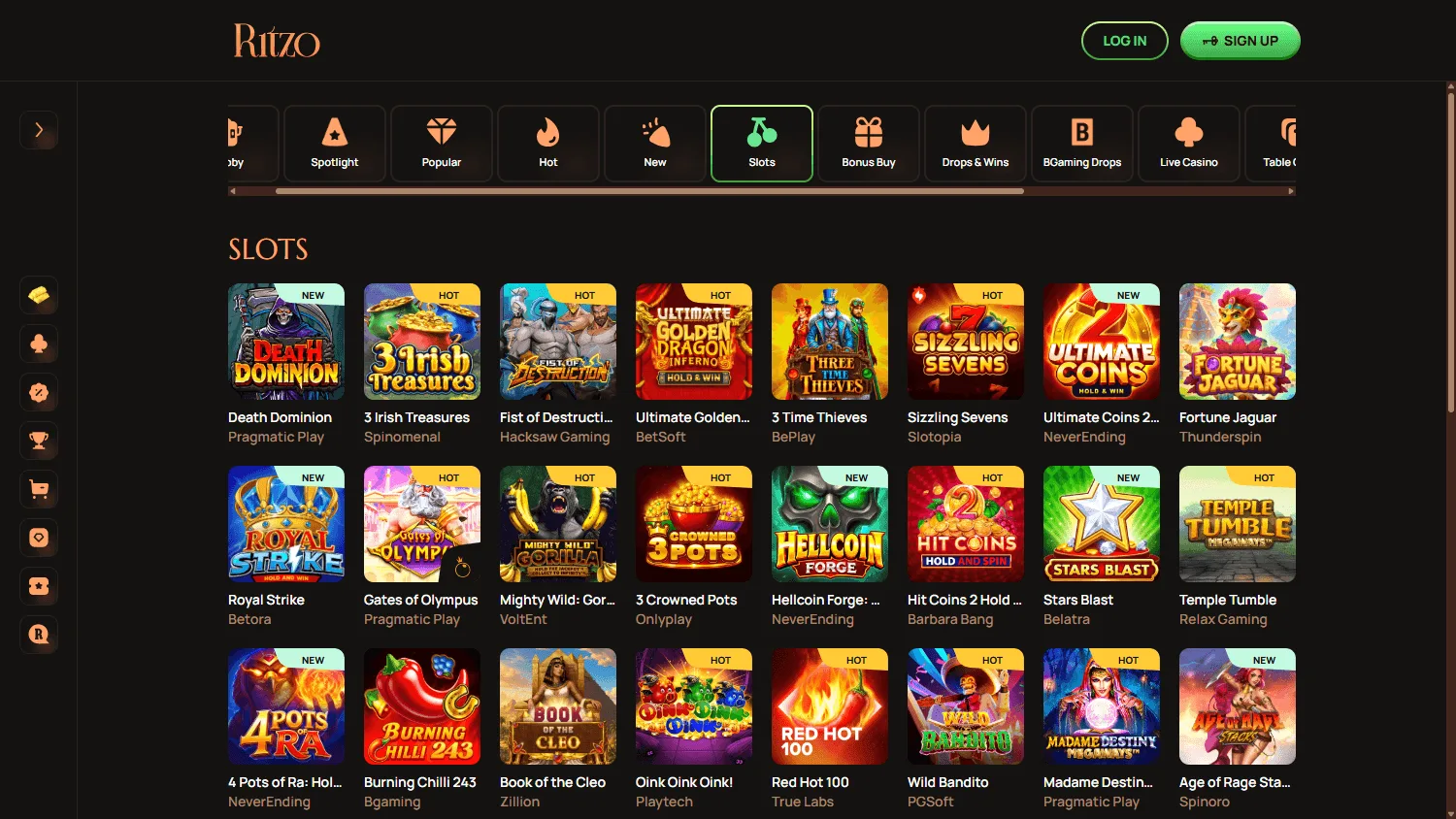 Ritzo Casino games view on desktop