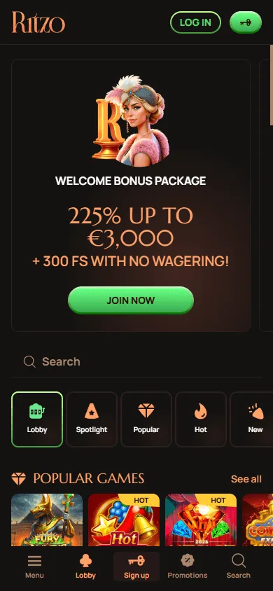 Ritzo Casino home view on mobile