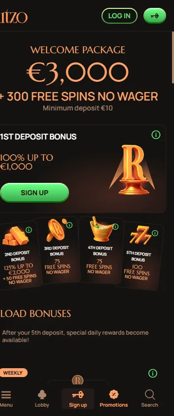 Ritzo Casino promotions view on mobile