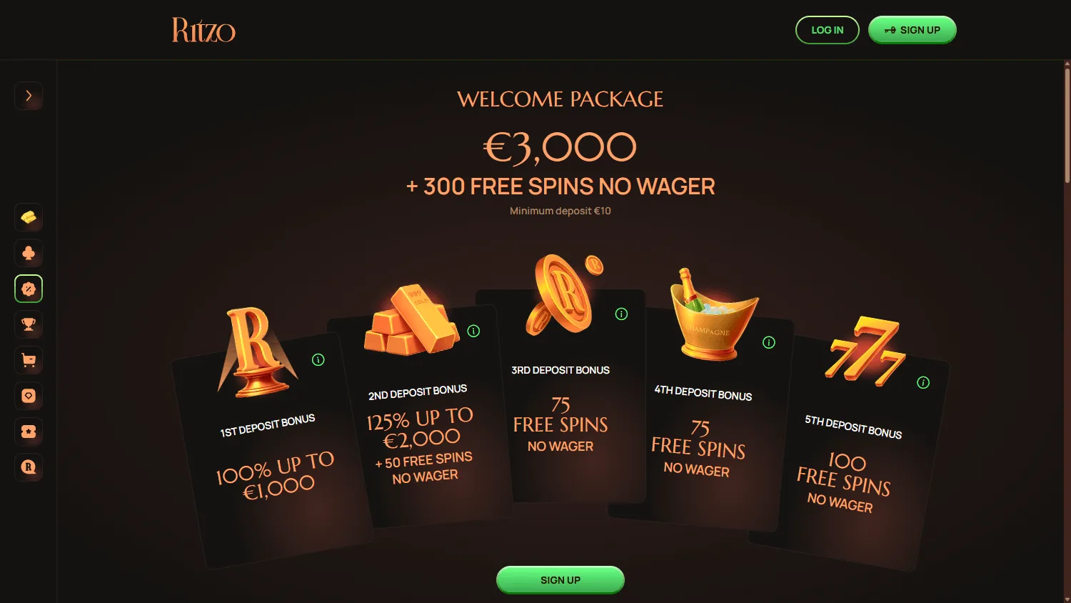 Ritzo Casino promotions view on desktop