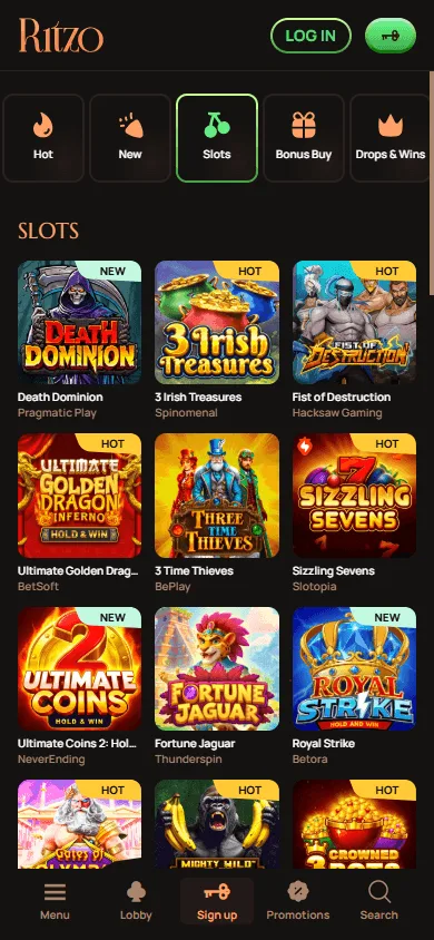 Ritzo Casino games view on mobile