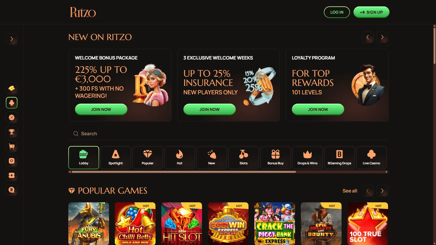Ritzo Casino home view on desktop
